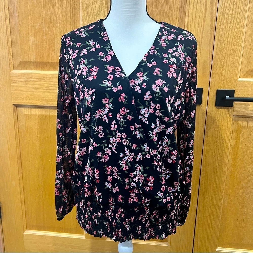 INC Black Pink Floral Mesh Faux-Wrap Smocked Blouse - Size Large